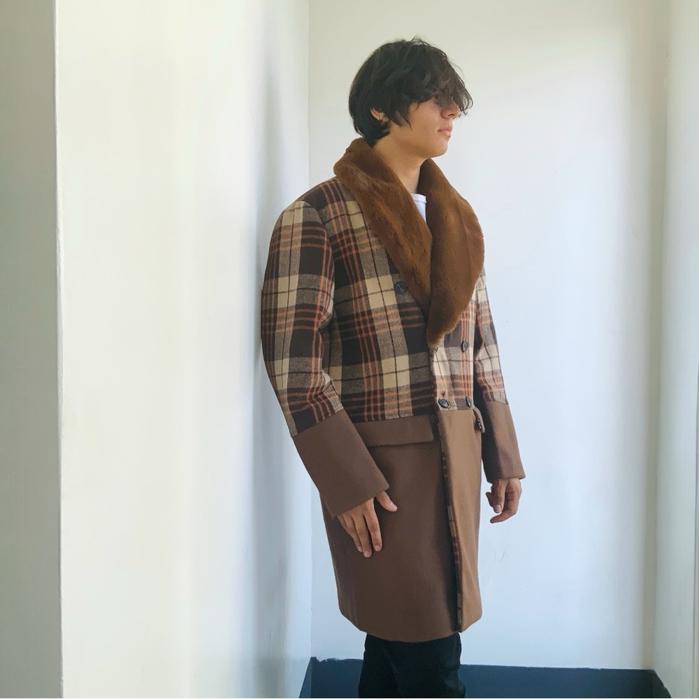 Men's Manzini Brown | Cream Solid Plaid Faux Fur Overcoat NWT